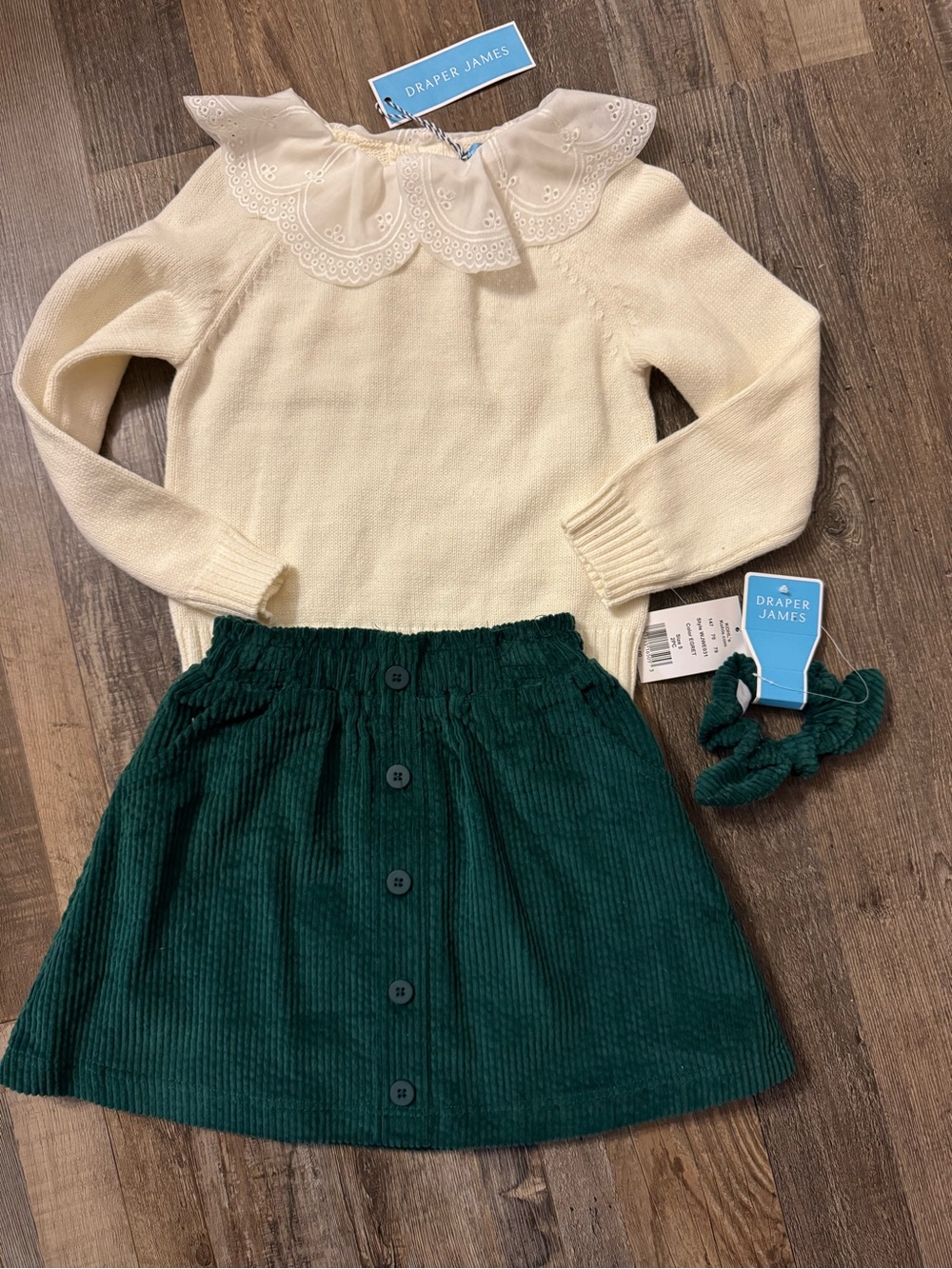 Draper James Cream Sweater with Forest Green Corduroy Scrunchie Set